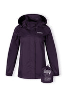Packaway waterproof jacket purple with hood and foldable collar for women, size 36-48. Features a subtle print and zip closure.