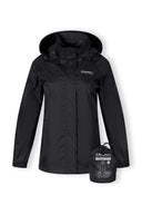 Women’s black packaway waterproof jacket, front view, with hidden hood and zippered pockets.