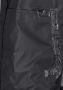 Close-up of a black waterproof jacket showing a zippered pocket and seam details.