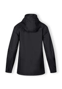 Back view of a women's black packaway waterproof jacket with hood.