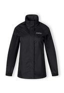 Front view of a women's black packaway waterproof jacket with a hidden hood and zippered pockets.