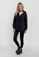 Women packaway waterproof jacket with hood black 36-48 in a lightweight design, featuring a hidden hood and zippered pockets. 