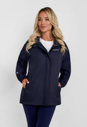 Front view of a women's navy waterproof packaway jacket with zipped pockets and a hood.