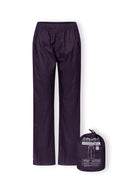 Packaway waterproof overpants in purple featuring adjustable cuffs and elasticated waistband for women size 36-48.