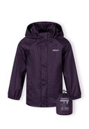 Kids packaway waterproof jacket in purple, front view with attached hood and elasticated cuffs.