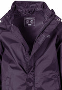Close-up of a kids waterproof jacket in purple with a full-length zip and attached hood.