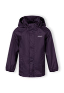Kids packaway waterproof jacket in purple, front view with hood and elasticated cuffs.
