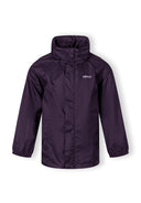 Kids waterproof jacket in purple, front view with zip and hood.