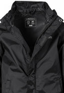 Close-up of a black boys' waterproof packaway jacket with a full front zip and fitted cuffs.