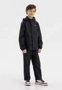 Boys waterproof packaway jacket black 3-14y. Lightweight, water-resistant fabric with a flexible cut, ideal for outdoor activities.