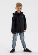 Boys waterproof packaway jacket black 3-14y in lightweight water-resistant fabric, featuring a flexible cut and fitted cuffs. 
