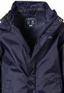 Close-up of a navy waterproof jacket for boys, featuring a full front zip and attached hood.