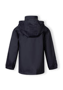 Back view of a boys' navy waterproof jacket with an attached hood and elasticated cuffs.