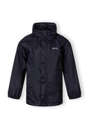 Boys packaway waterproof jacket in navy, front view, features a full zip and attached hood.