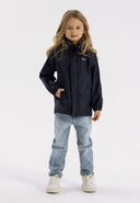 Boys packaway waterproof jacket in navy, front view with full zip and attached hood.