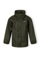 Kids packaway waterproof jacket hood khaki 3-14y, lightweight fabric, comfortable fit for boys and girls. Perfect for wet weather.