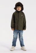 Kids packaway waterproof jacket in khaki, front view with hood and adjustable cuffs.
