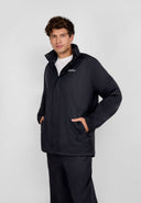 Men's black packaway waterproof jacket, front view, features zip fastening and two pockets.
