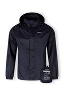 Men packaway waterproof jacket with zip pockets navy features a hood, front zipper, and packable design. Perfect for wet weather.