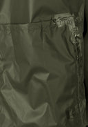 Detail of a khaki men's waterproof jacket showing a zippered pocket and fabric texture.