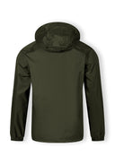 Men packaway waterproof jacket with hood khaki, lightweight waterproof fabric, back view with concealed hood and elastic cuffs.