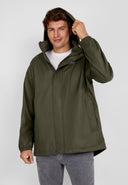 Men's khaki waterproof jacket with hood, front view, featuring zippered pockets and elasticated cuffs.