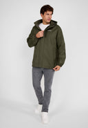 Men packaway waterproof jacket with hood khaki, lightweight, foldable structure, ideal for outdoor activities.