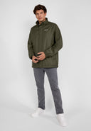 Men packaway waterproof jacket with hood khaki, lightweight and foldable, perfect for outdoor activities.