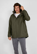 Men packaway waterproof jacket with hood khaki featuring a concealed hood, lightweight material, and two front pockets. Perfect for outdoor use.