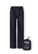Men packaway waterproof overpants elastic waistband navy in lightweight waterproof fabric, featuring side access openings for convenience.