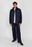 Men's navy waterproof overpants with elastic waistband and adjustable cuffs.