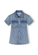 Girls short sleeve collared denim dress in blue with front patch pockets.