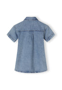 Back view of a girls short sleeve denim dress with a collar and pleat detail.