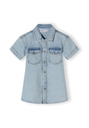 Girls short sleeve collared denim dress in light blue with front buttons and patch pockets.