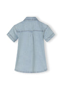 Back view of a girls short sleeve collared denim dress in light blue with a straight cut and large patch pockets.