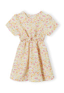 Girls short sleeve dress with floral print, front view, featuring ruffled sleeves and a flared hem.
