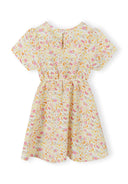 Girls short sleeve dress in floral print, back view with ruffled sleeves.