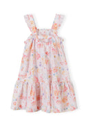 Girls tiered dress with wide shoulder straps and ruffled trim, featuring a floral pattern.