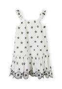 Girls dress with embroidered shoulder straps, cream, front view, frilled straps and pleated skirt.