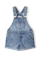Navy short jeans dungarees for girls with adjustable straps and front pockets.