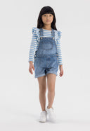 Girls short denim dungarees, front view with adjustable straps and front pockets.