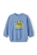 Light blue girls fleece crew sweatshirt with round neckline and printed sun design.