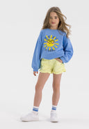 Light blue girls fleece crew sweatshirt with sun print, front view, ribbed cuffs.