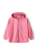 Girls oversized zip-through hoodie in pink, featuring a hood and front pockets.