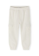 Girls white fleece cargo joggers, front view with elasticated waistband and side pockets.