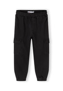 Girls black fleece cargo joggers, front view with drawstrings and side pockets.
