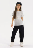 Girls black fleece cargo joggers with drawstrings, front view, featuring side pockets and ribbed cuffs.