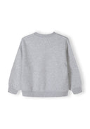 Back view of a girls grey fleece crew neck sweatshirt with ribbed cuffs and hem.