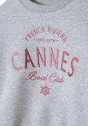 Detail of girls grey fleece sweatshirt with round neckline and pink print.