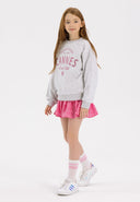 Girls grey fleece crew neck sweatshirt with decorative print, front view.